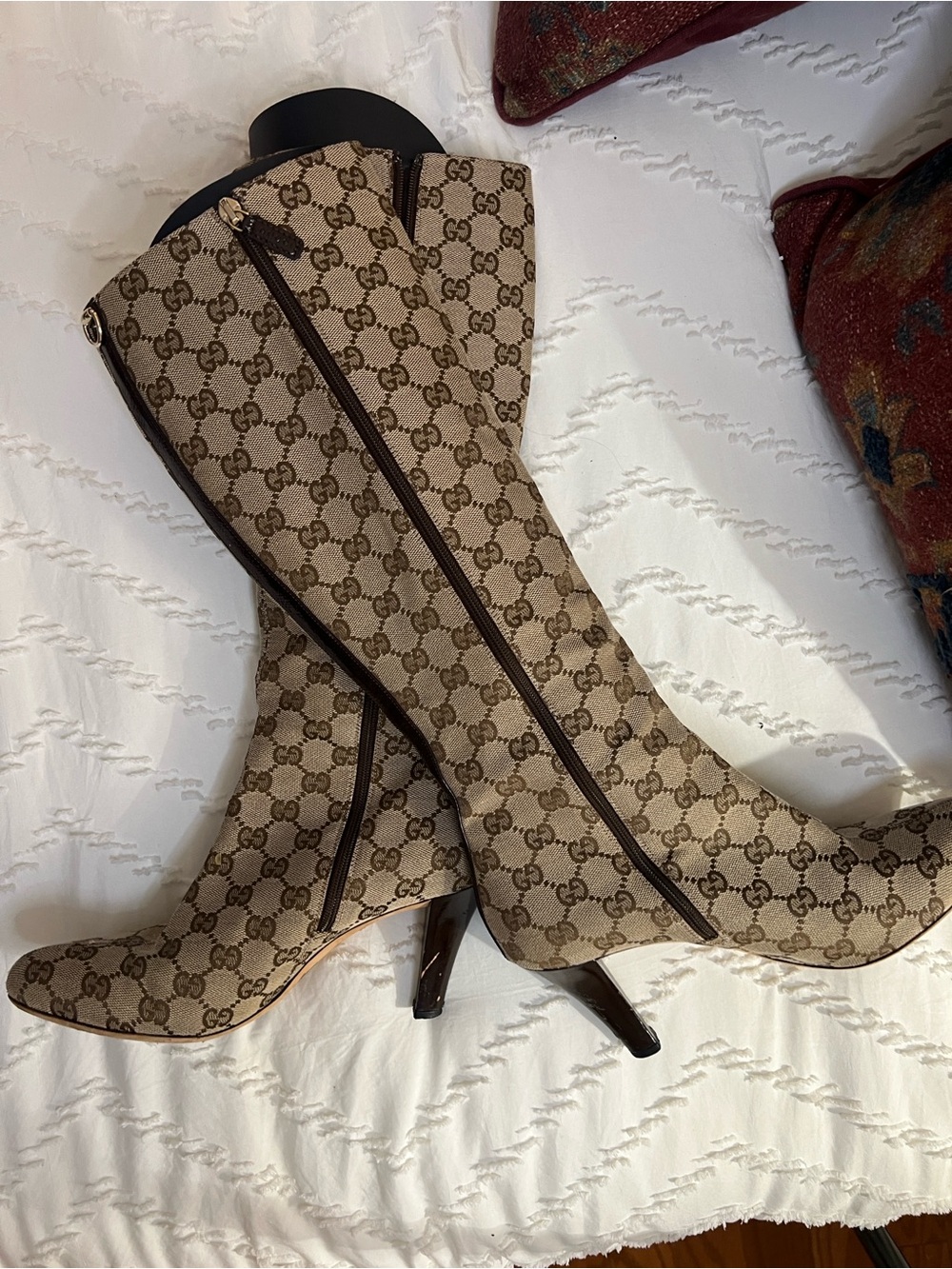 Gucci Brown GG Canvas Knee-High Heeled Boots